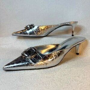 Mango Kitten Heel Mule Slip-On Silver